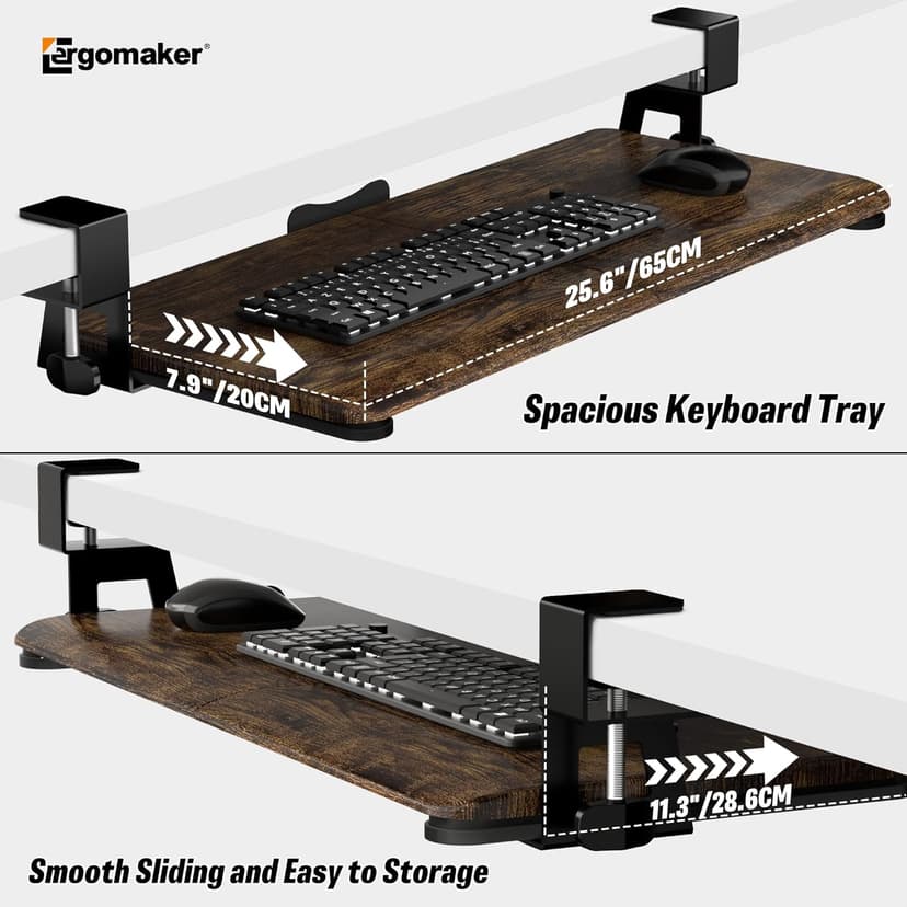 Keyboard Tray Under Desk, Pull Out Keyboard Tray with C Clamp Mount, 25.6" x 11.8" Slide-Out Platform Computer Drawer for Typing, Keyboard & Mouse Tray, Rustic Brown