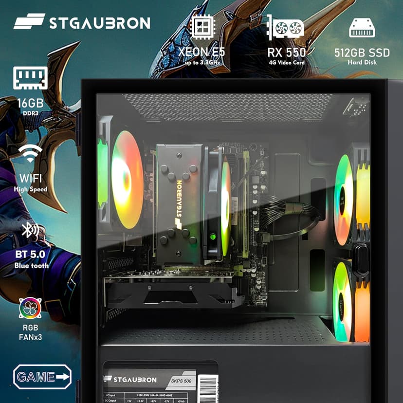 STGAubron Gaming PC Computer Desktop, RX 550 4GB, Intel i7 Xeon E5, 16GB DDR4, 512GB SSD, WiFi, BT 5.0, RGB Fan x3, Windows 10 Home, Gaming Computer Tower for Gamer,Streaming