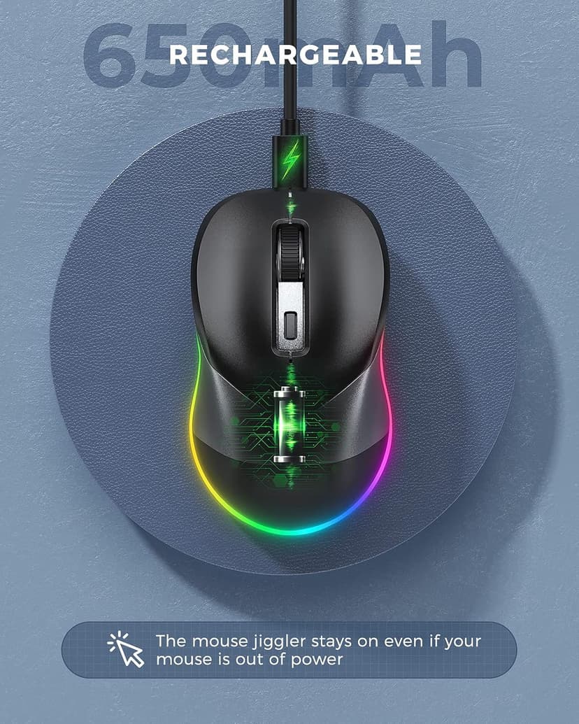 PEIOUS Wireless Mouse, Jiggler Mouse for Laptop - LED Mouse Rechargeable Computer Mice Mouse Mover Undetectable Random Movement with On/Off Button Keeps Computer Awake - Black&Grey