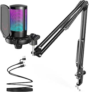 FIFINE Gaming PC USB Microphone, Podcast Condenser Mic with Boom Arm, Pop Filter, Mute Button for Streaming, Twitch, Online Chat, RGB Computer Mic for PS4/5 PC Gamer Youtuber-AmpliGame A6T