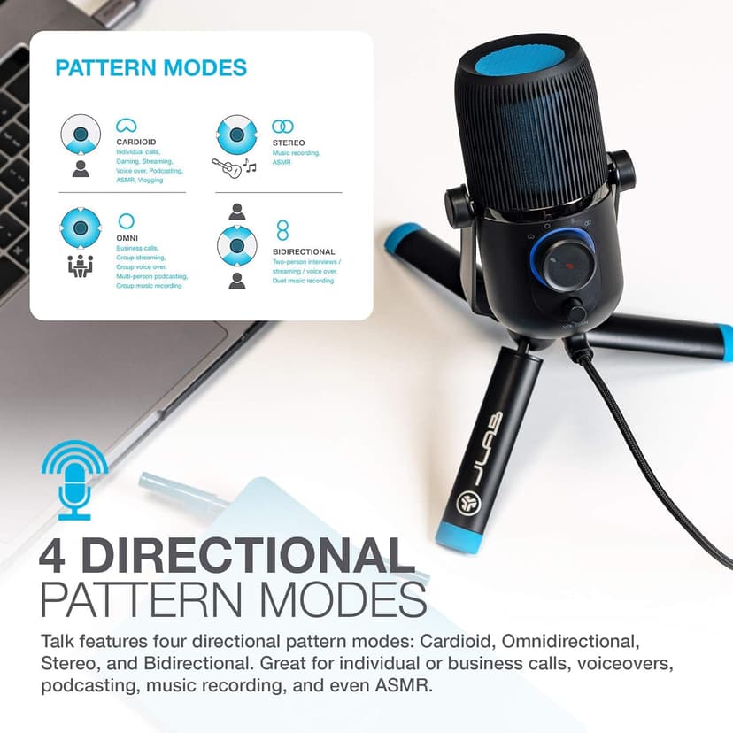 JLab Talk USB Microphone, USB-C Output, Cardioid, Omnidirectional, Stereo or Bidirectional, 96k Sample Rate, 20Hz, 20kHz Frequency Response, Volume, Gain Control, Quick Mute, Plug & Play