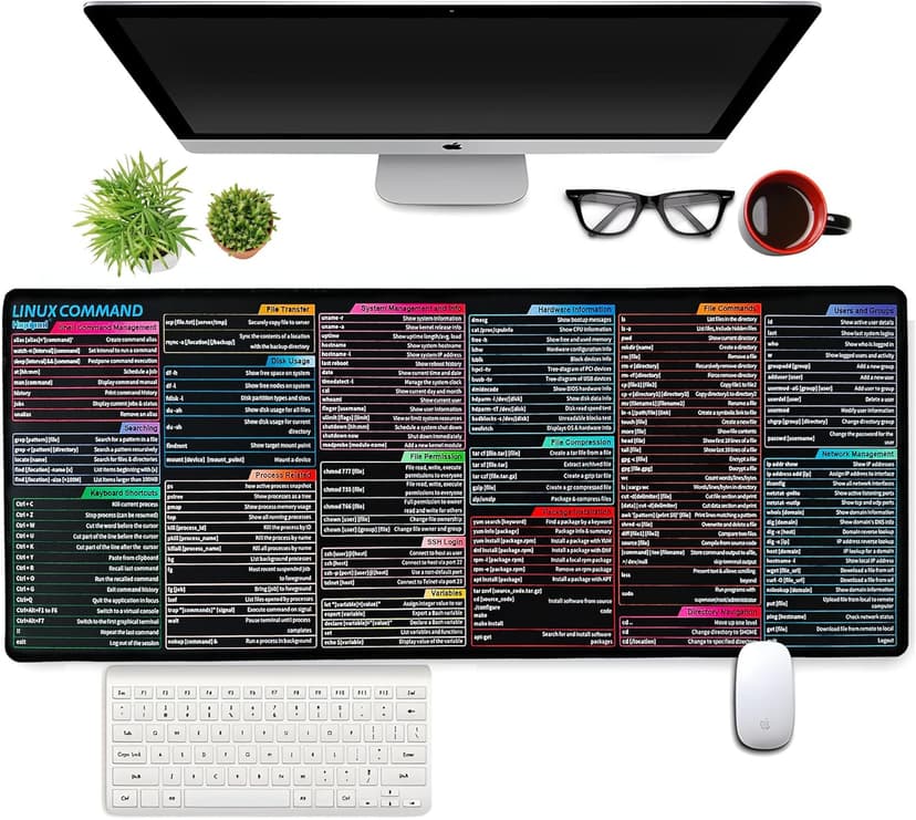 Linux Commands Line Sheet Mouse Pad for Desk, Large XL Mousepad With Shortcuts, 31.5"x11.8" Office Computer Mat, Waterproof Anti-Slip Keyboard Pad, Linux Basics Accessories