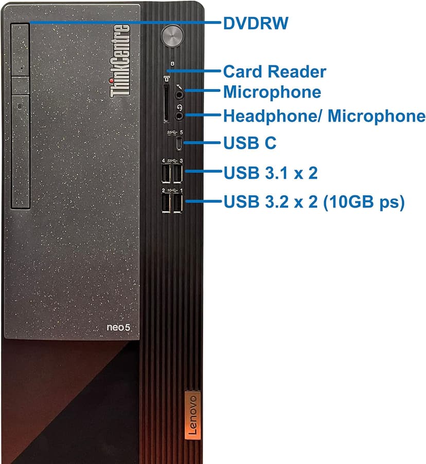 Lenovo ThinkCentre Neo 50T Gen 3 Tower Computer - Intel i7-12700K, 32GB Ram, 1TB NVMe SSD, DisplayPort, HDMI, VGA, DVD-RW, USB Type-C, Card Reader, Wi-Fi, Bluetooth - Windows 11 Pro, Black Desktop