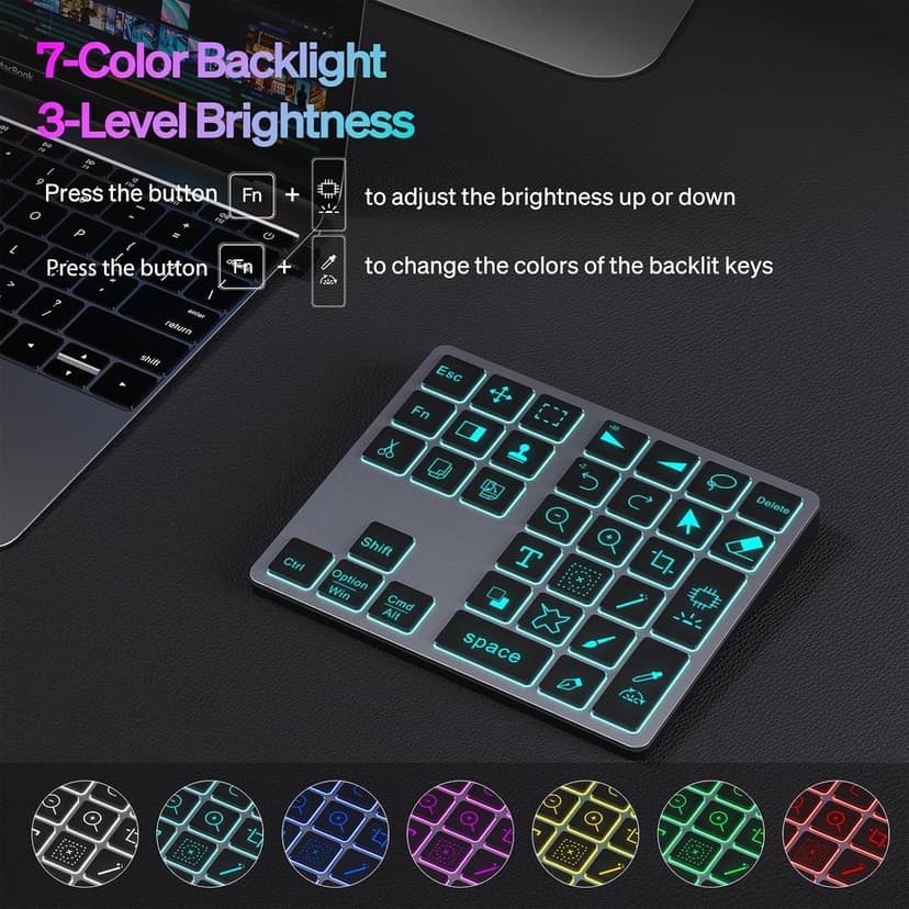 Doohoeek Bluetooth Shortcut Keyboard for Adobe Photoshop for PC Computer, Desktop, iPad & MacBook, PS Shortcut Hotkeys Keypad Rechargeable with 7-Color Backlit Key for MacOS, iOS & Windows