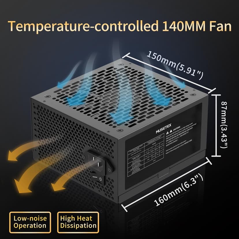 MUSETEX PC Power Supply 1000W, Full Modular ATX Power Supply, Multi Connectors Computer Power Supplies, 140mm Ultra Quiet Cooling Fan, PC PSU, Black (MU1000)