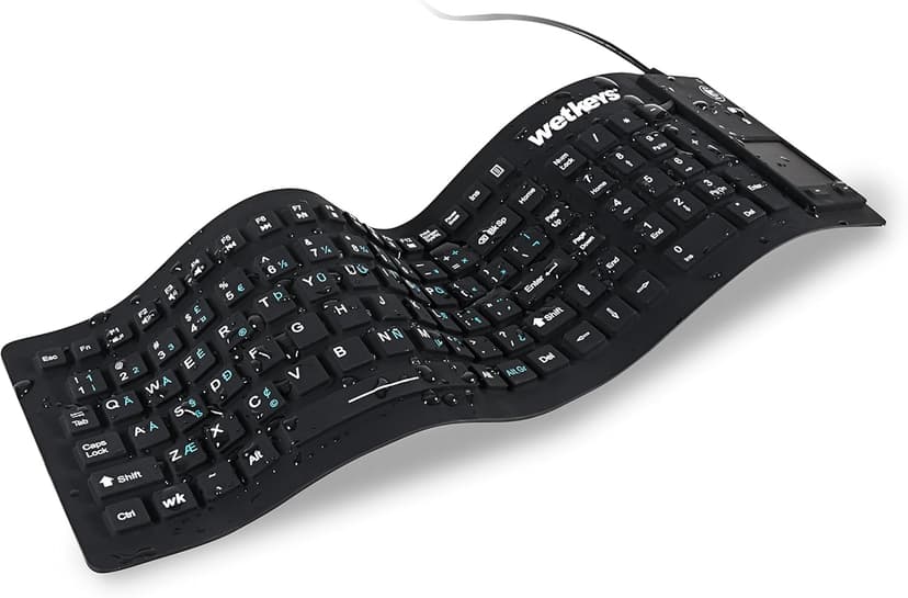 WetKeys "Flex Touch Full-Size Flexible Silicone Washable Keyboard with Touchpad and ON/Off Switch (USB) (Black) | KBWKFC103STi-BK