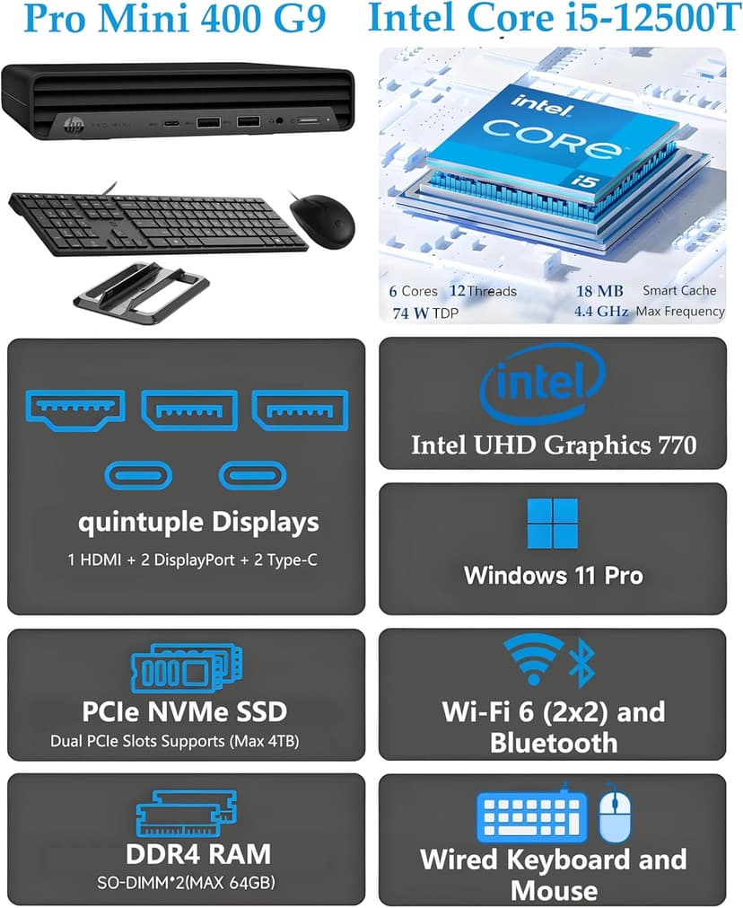 HP Pro Mini 400 G9 Business Mini Desktop Computer, Intel 6-Core i5-12500T (Beat i7-11700T), 16GB DDR4 RAM, 512GB PCIe SSD, WiFi 6, Bluetooth, 2 Type-C, HDMI, 2 DisplayPort, Windows 11 Pro, Vent-Hear