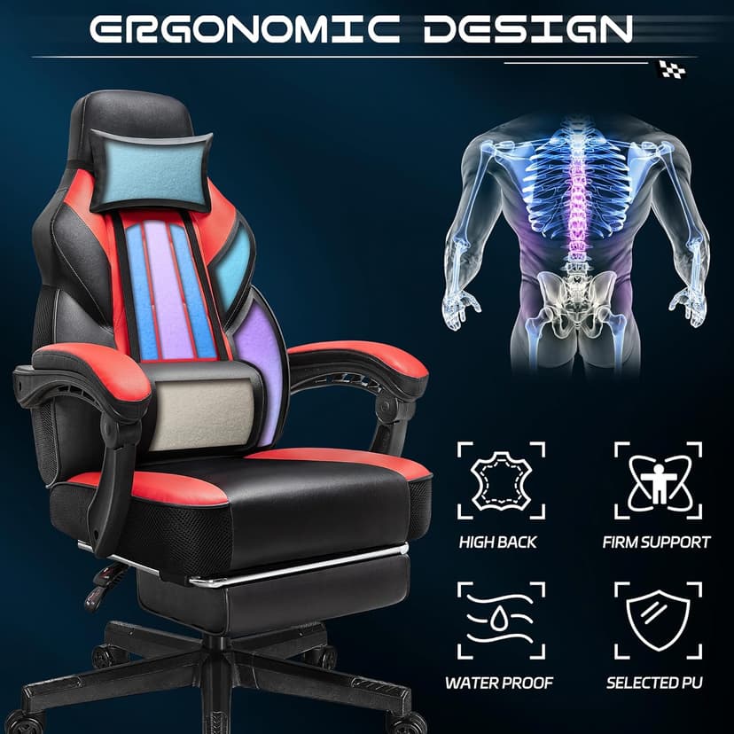 Gaming Chair with Footrest, Video Game Chair for Adults, Big and Tall Computer Chair with Massage Lumbar Support 330lb Weight Capacity, Ergonomic Adjustable Height and 360° Swivel Seat (Red)