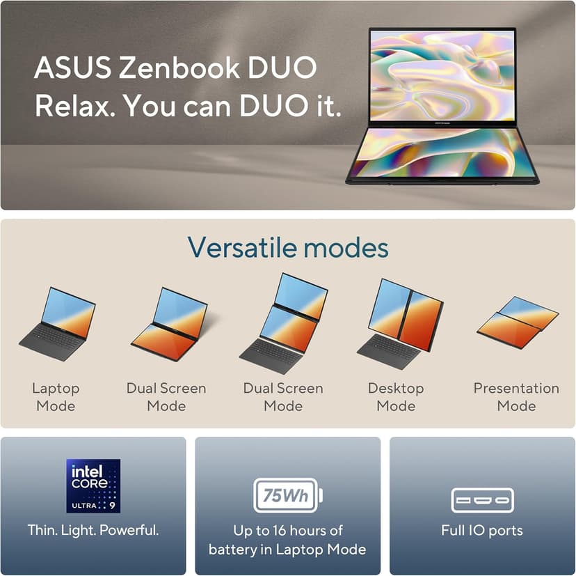 ASUS Zenbook DUO Laptop, Dual 14” OLED 3K 120Hz Touch Display, Evo, Intel Core Ultra 9 285H, Intel Arc Graphics, 32GB RAM, 1TB SSD, Windows 11, UX8406CA-PS99T
