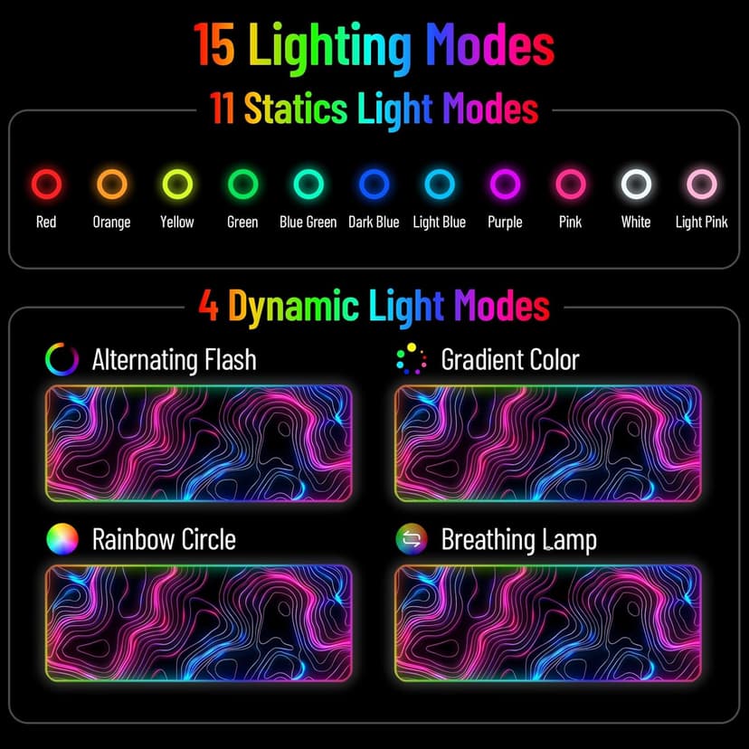 RGB Mousepad LED Desk Mat Gaming Large Keyboard Cute Desktop Computer Laptop 14 Light XXL Long Giant Big Cool Modern Design Unique for Men Boys Gamer Oversized Wide 30x12'' Mousepad, Topo