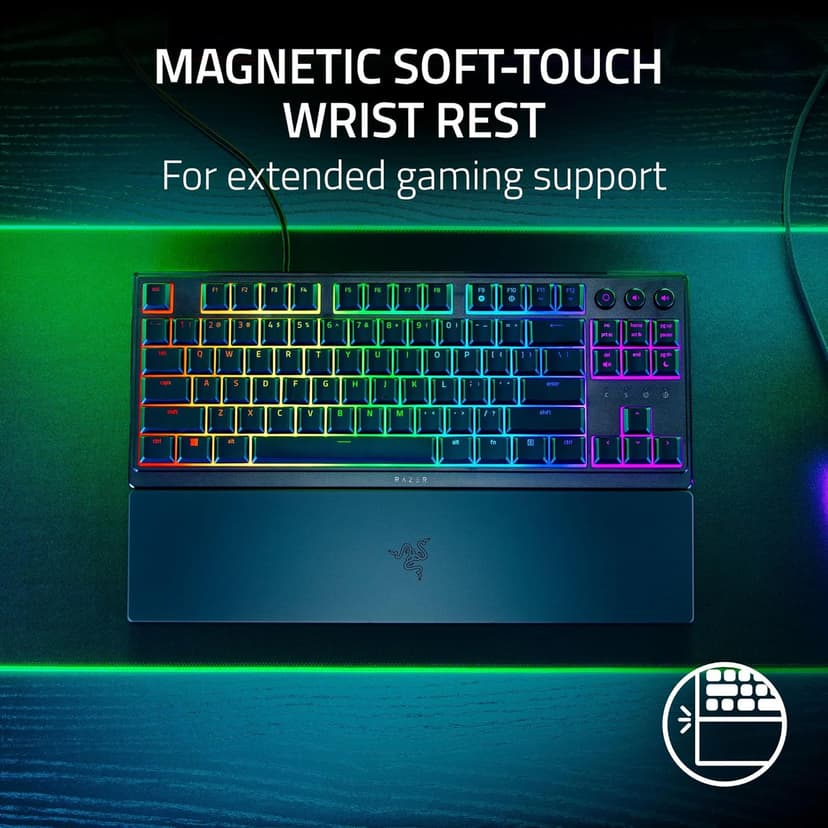 Razer Ornata V3 TKL Gaming Keyboard: Low Profile Keys - Mecha Membrane Switches - UV Coated Keycaps - Backlit Media Keys - 8 Zone RGB Lighting - Spill Resistant - Magnetic Wrist Wrest Snap Tap