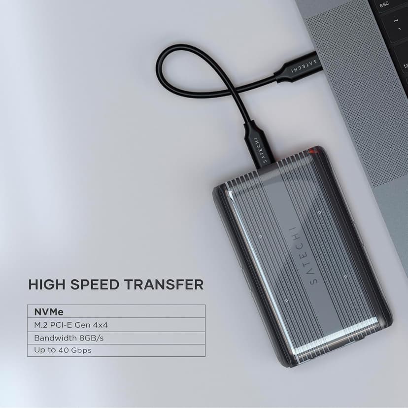Satechi M.2 Enclosure – USB4 NVMe SSD Pro Enclosure, 40Gbps, up to 16TB, Aluminum Enclosure with Silicone Pin, Polycarbonate Casing, USAP SSD Trim for Sizes 2280/2260/2242/2230mm (SSD Not Included)