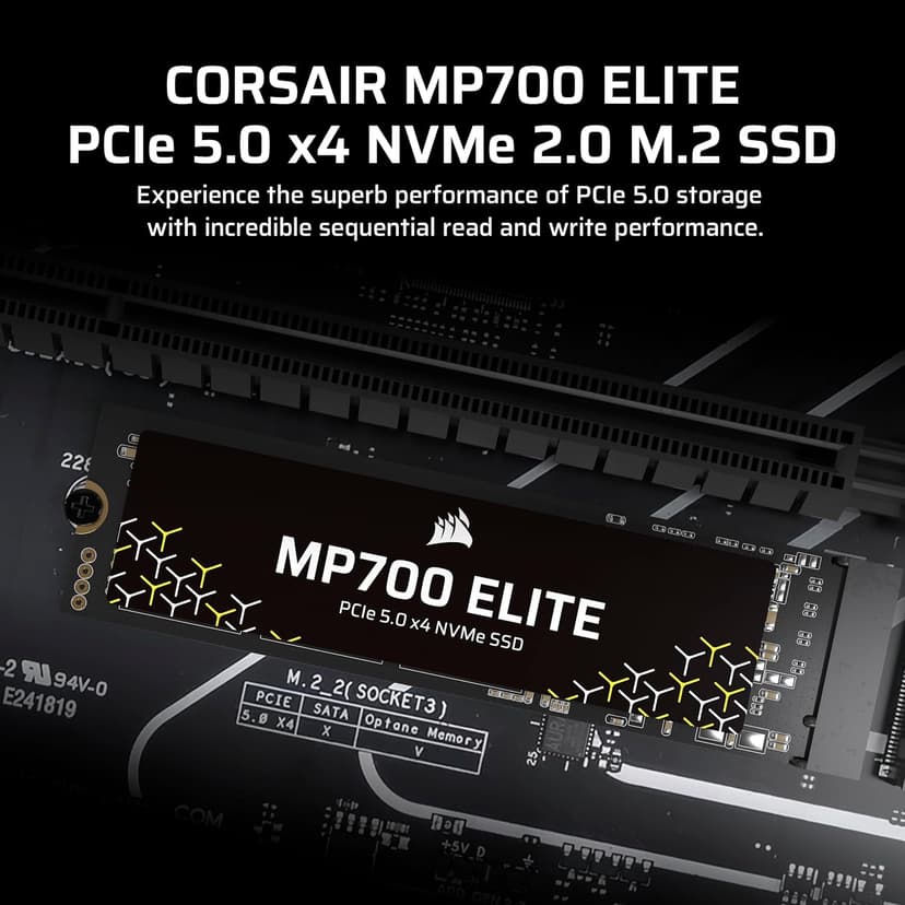 Corsair MP700 Elite 1TB PCIe 5.0 x4 NVMe M.2 SSD – Up to 10,000MB/sec – High-Density 3D TLC NAND – M.2 2280 - DirectStorage Compatible – Black