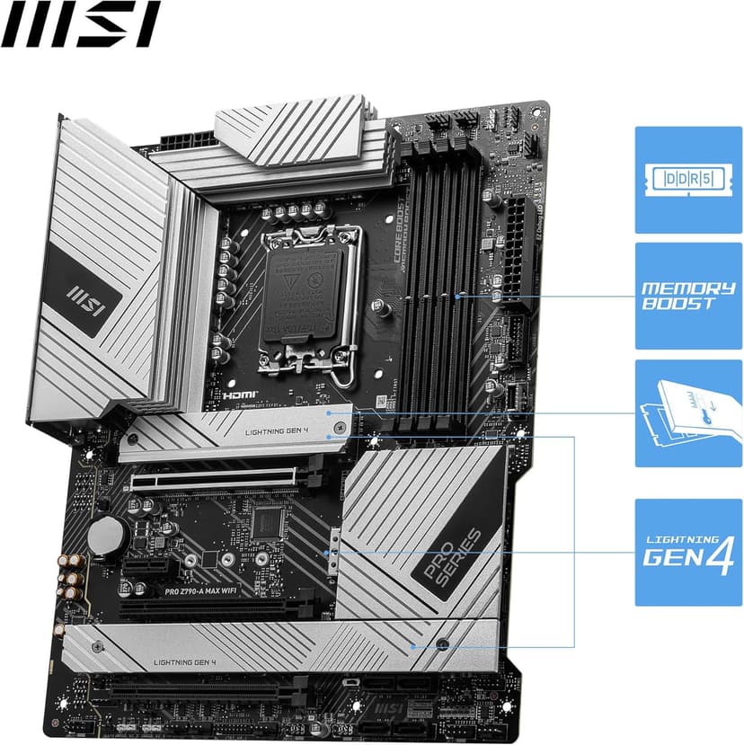 msi PRO Z790-A MAX WiFi ProSeries Motherboard (Supports 12th/13th/14th Gen Intel Processors, LGA 1700, DDR5, PCIe 5.0, M.2, SATA 6G, 2.5Gbps LAN, USB 3.2 Gen2, Wi-Fi 7, Bluetooth 5.4, ATX)