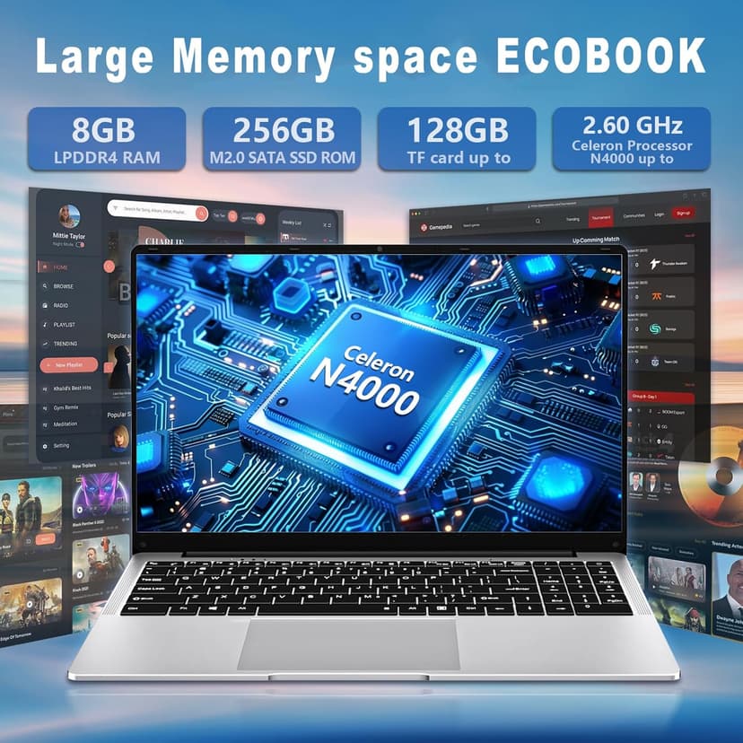 15.6 inch Laptop, 8gb RAM Gaming Laptop with 256GB SSD, Traditional Laptops N4000, Netbook Computers Full HD 1920X1080 Display WiFi5 Mini-HDMI 180 Angle Opening laptops for Student Business