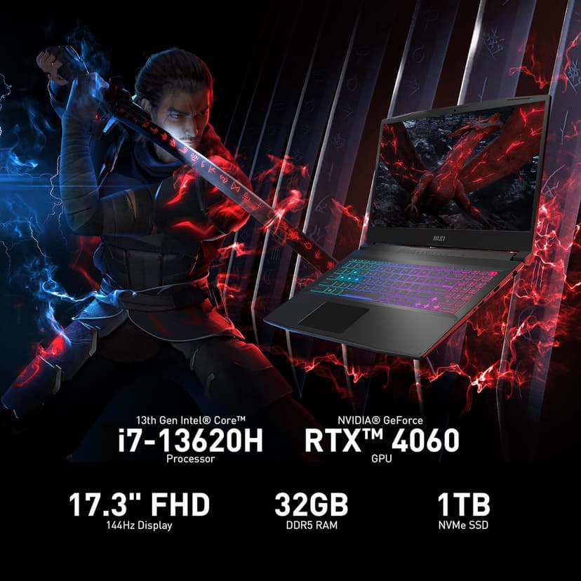 MSI Katana 17 Gaming Laptop: 13th Gen Intel Core i7, GeForce RTX 4060, 17.3" 144Hz FHD Display, 32GB DDR5, 1TB NVMe SSD, USB-Type C, Cooler Boost 5, Win11 Home: Black B13VFK-835US
