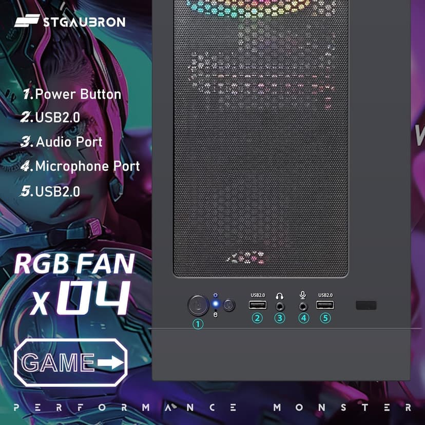 STGAubron Gaming PC Computer Desktop, Intel i7 Xeon E5 2.8GHz, Radeon RX 550 4G, 16GB DDR4, 512GB SSD, WiFi, BT 5.0, RGB Fan x4, Windows 10 Home