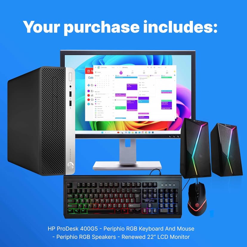 HP 400G5 ProDesk Desktop PC | Windows 11 Pro | Intel i5-8500 | 16GB RAM - 250GB NVME + 500GB SSD | 22" Monitor | RGB Speakers + Keyboard/Mouse | AX200 WiFi + BT | Home Office Computer (Renewed)