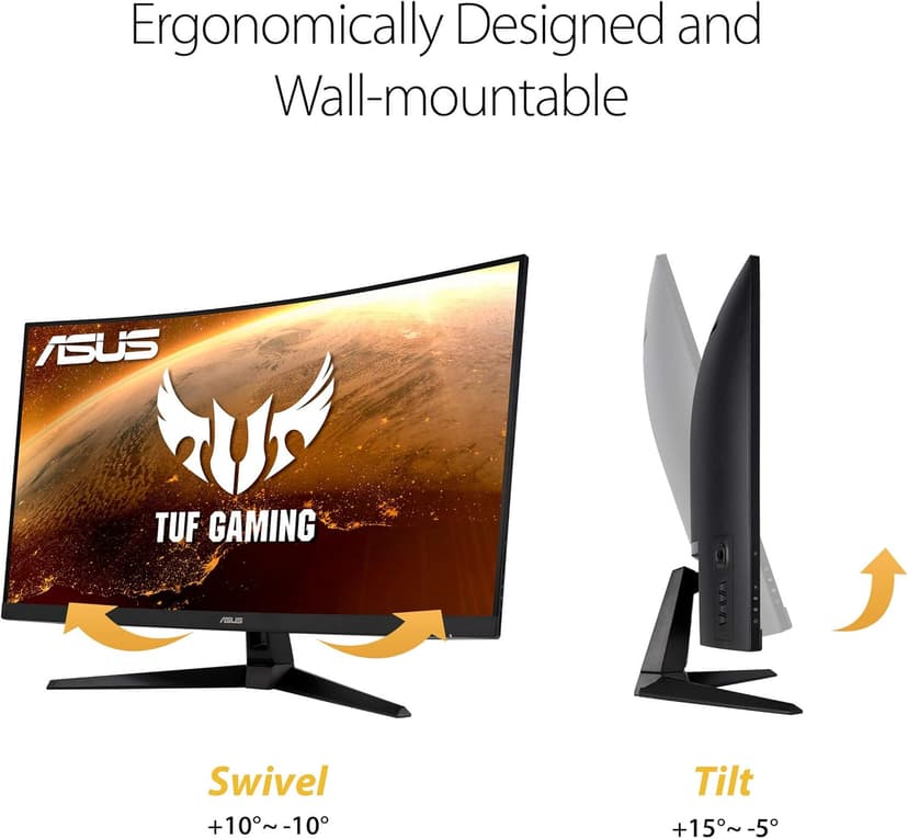 ASUS TUF Gaming 32" 1440P HDR Curved Monitor (VG32VQ1B) - QHD (2560 x 1440), 165Hz (Supports 144Hz), 1ms, Extreme Low Motion Blur, Speaker, FreeSync Premium, VESA Mountable, DisplayPort, HDMI,BLACK