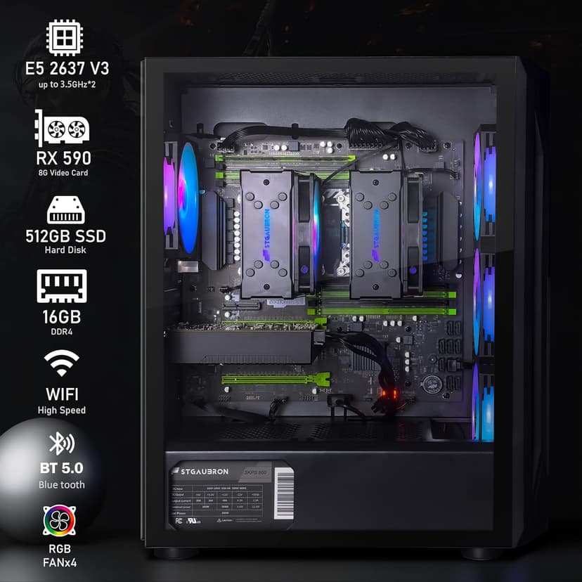 STGAubron Dual CPU Gaming PC, Dual Intel i7 Xeon E5 up to 3.7GHz, Radeon RX 590 8G, 16G DDR4, 512G SSD, 600M WiFi, BT 5.0, RGB Fan x4, Windows 10 Pro