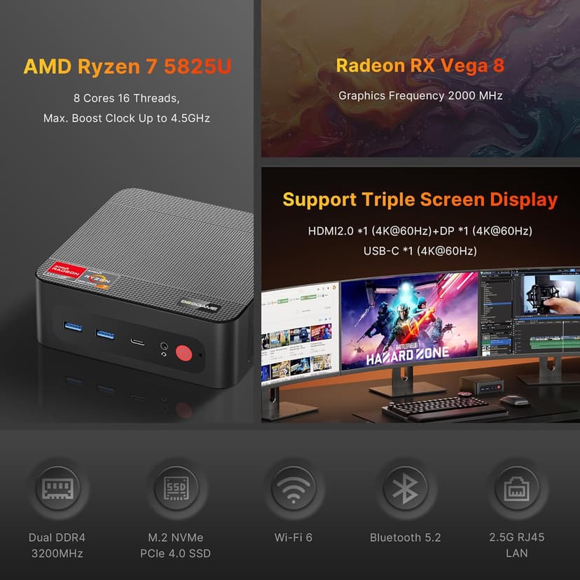 P4 Light Gaming Mini PC, Ryzen 7 5825U, 32GB RAM 1TB SSD, 11 Pro Triple 4K 60HZ Displays Desktop Computers, Support PS3 Emulator Micro PC, HDMI+DP+Type-C, WiFi 6E, BT5.2, Dual 2.5GbE LAN