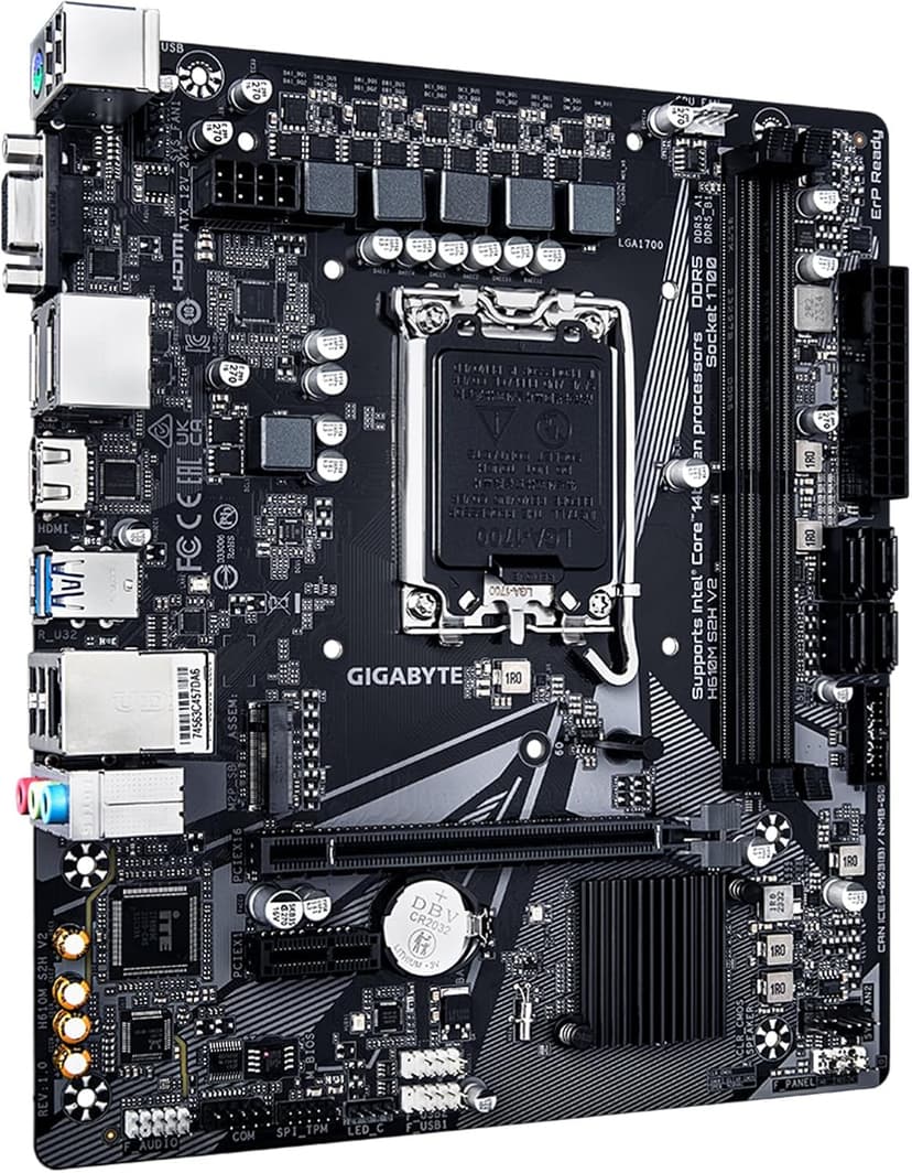 GIGABYTE H610M S2H V2 Motherboard, Supports 14th/13th/12th Gen Intel Core Processors (LGA 1700), mATX, DDR5, 1x M.2, PCIe 4.0, USB-C, HDMI, 2X DisplayPort, D-Sub, 1GbE LAN