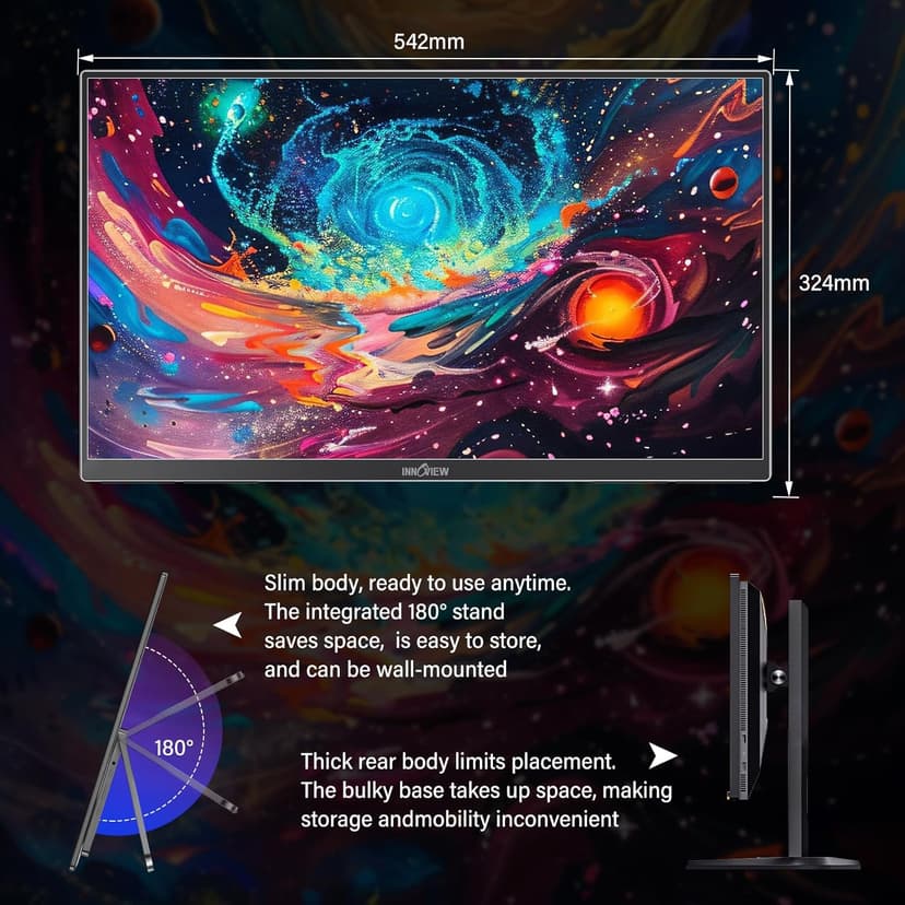 InnoView 23.8 Inch 2K 100Hz Large Portable Monitor ∆E<2 100% sRGB Fast IPS Portable Gaming Monitor QHD w/180° Adjustable Stand USB-C HDMI Laptop Monitor for PS5/4 Desktop MacBook Switch Xbox 2560X1440