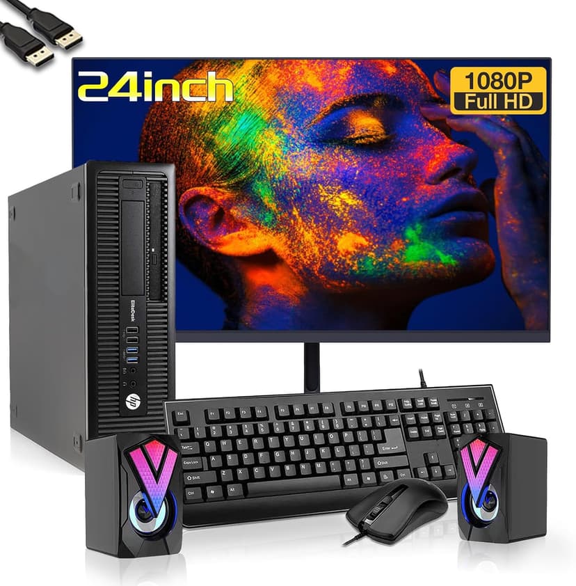 HP EliteDesk 800 G1 SFF Desktop PC with New 24" FHD Monitor and RGB Speakers PC Set, Core i5, 16GB RAM, 1TB SSD, Mouse & Keyboard, Windows 10 Pro (Renewed)