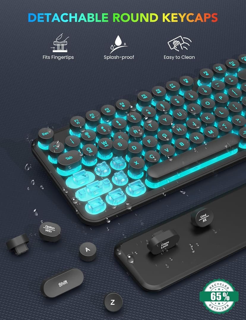 Wireless Keyboard and Mouse Backlit - Typewriter Keyboard with Detachable Wrist Rest, Retro Round Keycaps, Light Up Letters, 2.4G Cordless Combo for Mac, Windows, PC, Laptop, Trueque [2024 Upgraded]