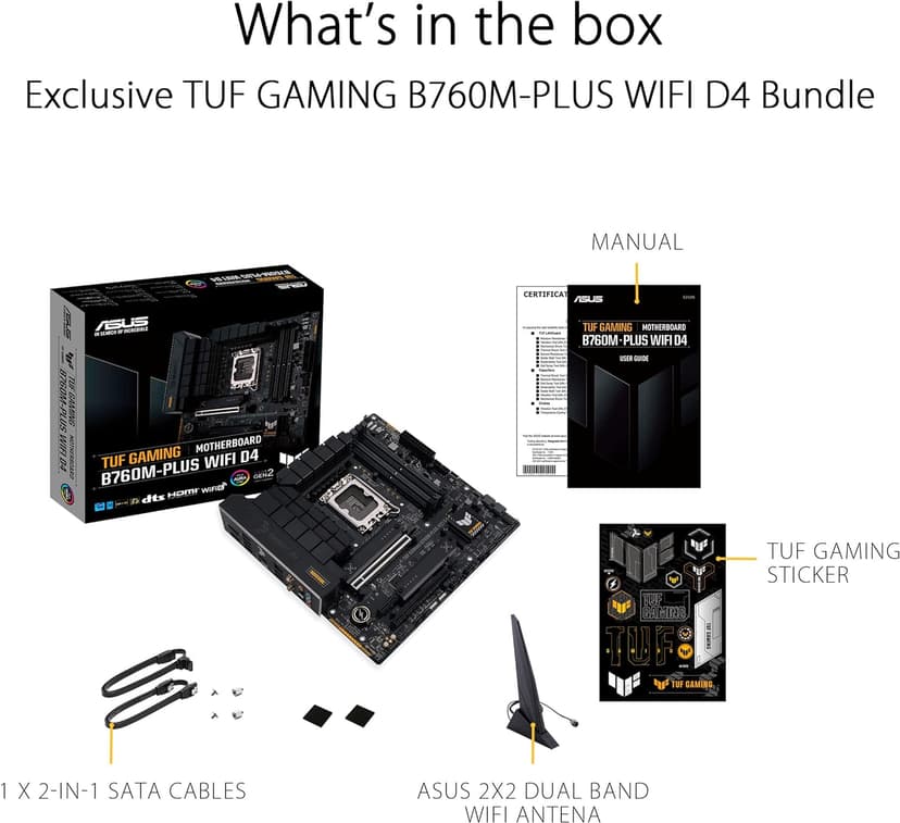Asus TUF GAMING B760M-PLUS WIFI D4 Intel(13th and 12th Gen)LGA 1700 mATX motherboard,PCIe 5.0,2xPCIe 4.0 M.2 slots,DDR4,WiFi 6,2.5Gb LAN,USB 3.2 Gen 2x2 Type-C,front USB 3.2 Type-C,Thunderbolt (USB4)