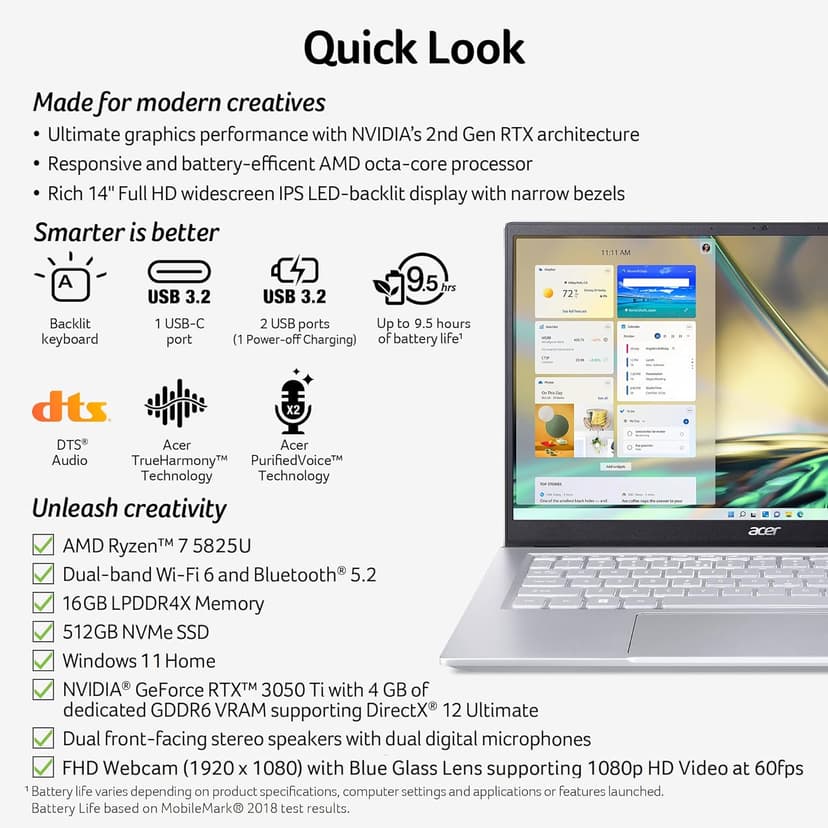 Acer Swift X SFX14-42G-R607 Creator Laptop | 14" Full HD 100% sRGB | AMD Ryzen 7 5825U | NVIDIA RTX 3050 Ti Laptop GPU | 16GB LPDDR4X | 512GB SSD | Wi-Fi 6 | Backlit KB | Windows 11, Gray