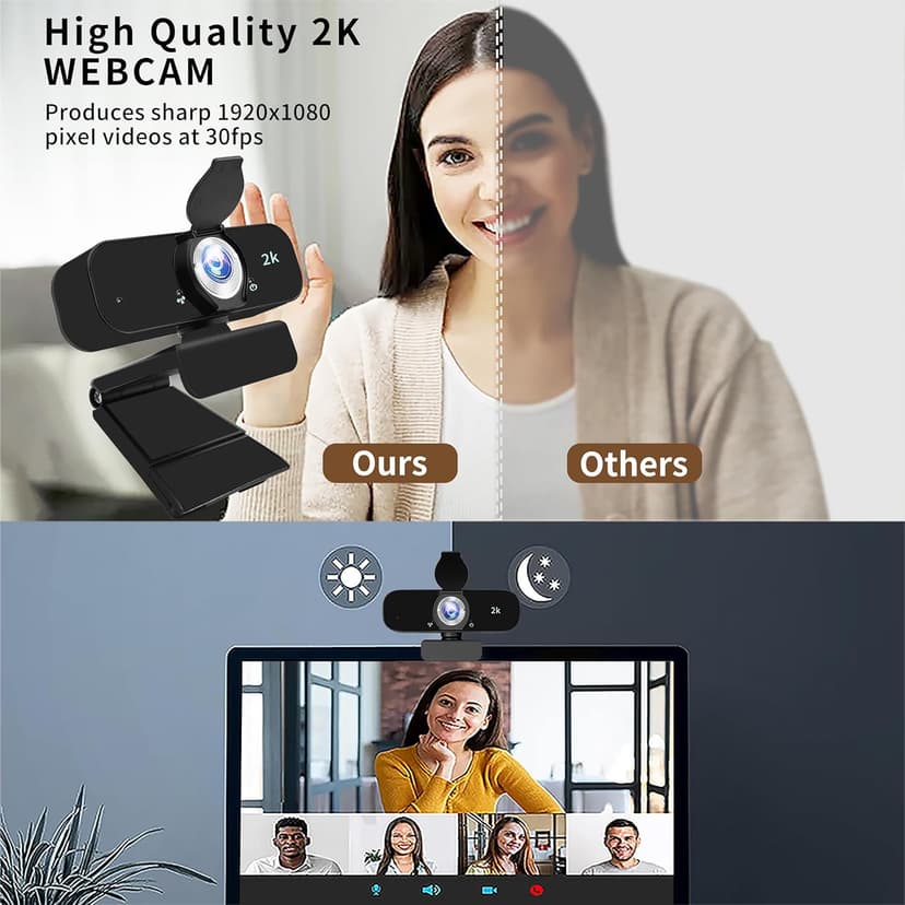 Webcam for PC, 2K Webcam with Noise-Canceling Mic, Tripod, Privacy Cover, 120°FOV, Auto Focus/Light Correction/Selfie Beauty, USB Web Camera for Streaming/Meeting/Video/Zoom/Broadcast/YouTube