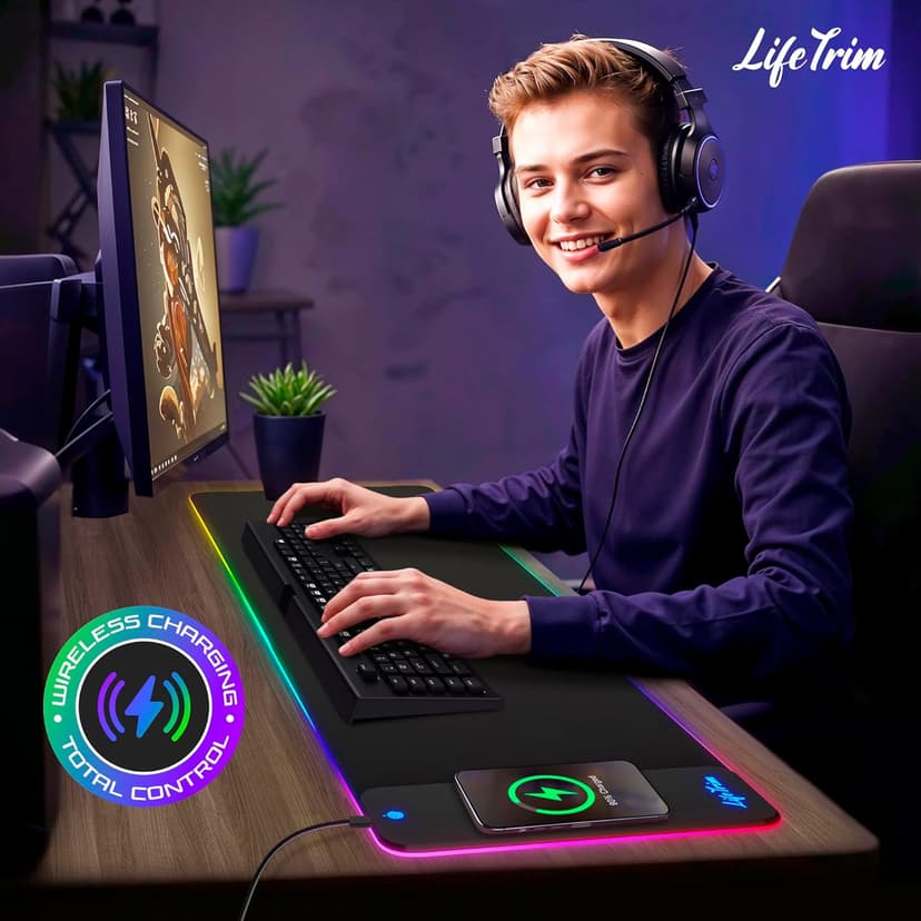 Wireless Charger LED Mousepad 35.5 x 12 Inch RGB Gaming Mouse Pad 10 Light Modes 4mm Thick Large Gaming Desk Pad Wireless Charging Cool Mouse Pad for PC Gaming Accessories & Gaming Gifts