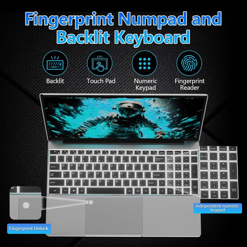 15.6" FHD Laptop,16GB DDR4 RAM 512GB SSD,Portable Laptop Computer with Backlit Keyboard,180 ° Angle Opening,Fingerprint Reader,38WH Battery,Webcam,WiFi 5,BT 4.2,Mini HDMI,USB 3.0