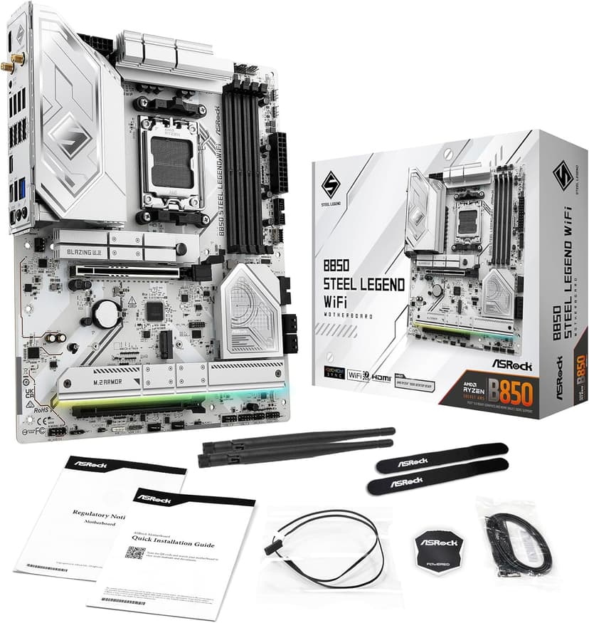 ASRock AMD B850 Steel Legend WiFi 7 Socket AM5 Ryzen 9000, 8000 and 7000 Series DDR5 up to 8000+ (OC) MHz 256GB ATX Motherboard M.2 SATA3 6.0 Gb/s PCIe 5.0 1 HDMI