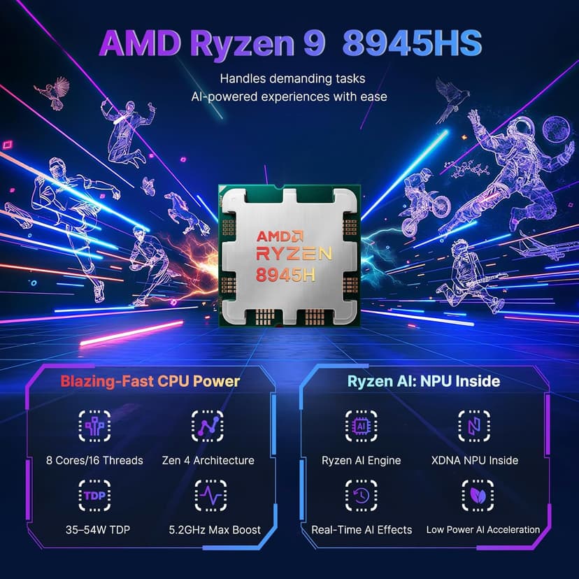 NIMO 17.3 Gaming-Laptop Ryzen 9 8945HS (>i9-13900H) 16GB RAM, 1TB SSD, Radeon 780M, PD 100W USB-C 4.0 AI-Enhanced for Copilot VR Ready, Backlit KB Fingerprint Unlock, Gaming Student Office Business