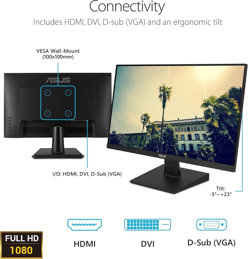 ASUS VA24EHE 23.8” Monitor 75Hz Full HD (1920x1080) IPS Eye Care HDMI D-Sub DVI-D,Black
