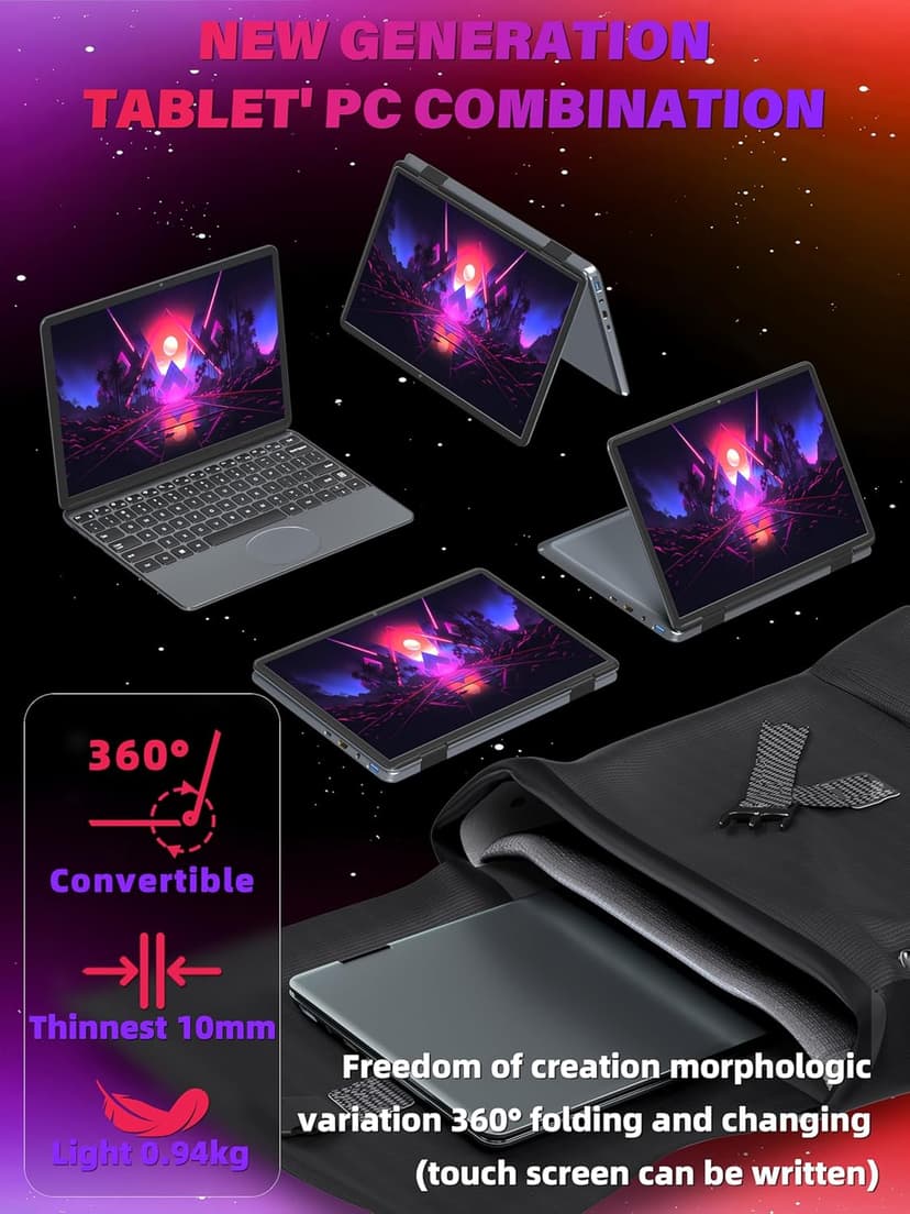 11" Convertible 2-in-1 Touchscreen Laptop, in tel N100,16GB RAM,1T SSD,FHD 1920 * 1200 IPS,Win 11 Pro PC,Backlit Keyboard, WiFi,USB-C,HDMI,Oval Trackpad,Lightweight for Business&Students