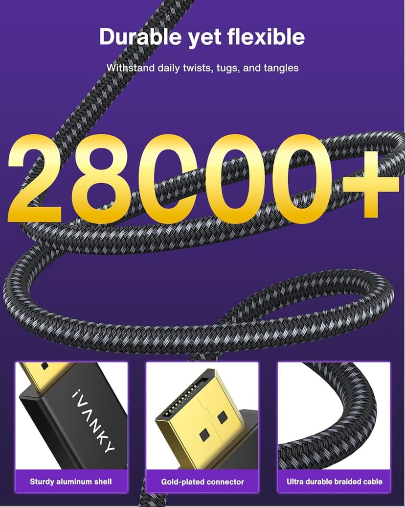 IVANKY 8K DisplayPort Cable 1.4, VESA Certified DP Cable 6.6ft (8K@60Hz, 4K@144Hz, 2K@240Hz)HBR3 Support 32.4Gbps, HDR, HDCP 2.2, FreeSync G-Sync, Braided Display Port for Gaming Monitor, Graphics, PC