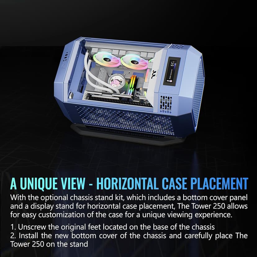 Thermaltake Tower 250 Hydrangea Blue Mini-ITX Mini Tower; 2x120mm CT Fans Included; 360mm Radiator Support; 360mm GPU Clearance; Dual Chamber; CA-1Z9-00SFWN-00