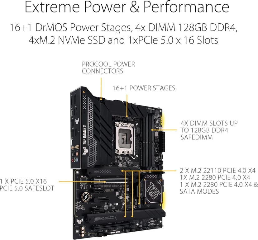 ASUS TUF Gaming Z790-Plus WiFi D4 LGA 1700(Intel 14th,12th&13th Gen) ATX Gaming Motherboard(PCIe 5.0, DDR4,4xM.2 Slots,16+1 DrMOS, WiFi 6,2.5Gb LAN, Front USB 3.2 Gen 2 Type-C, Thunderbolt 4/USB4)