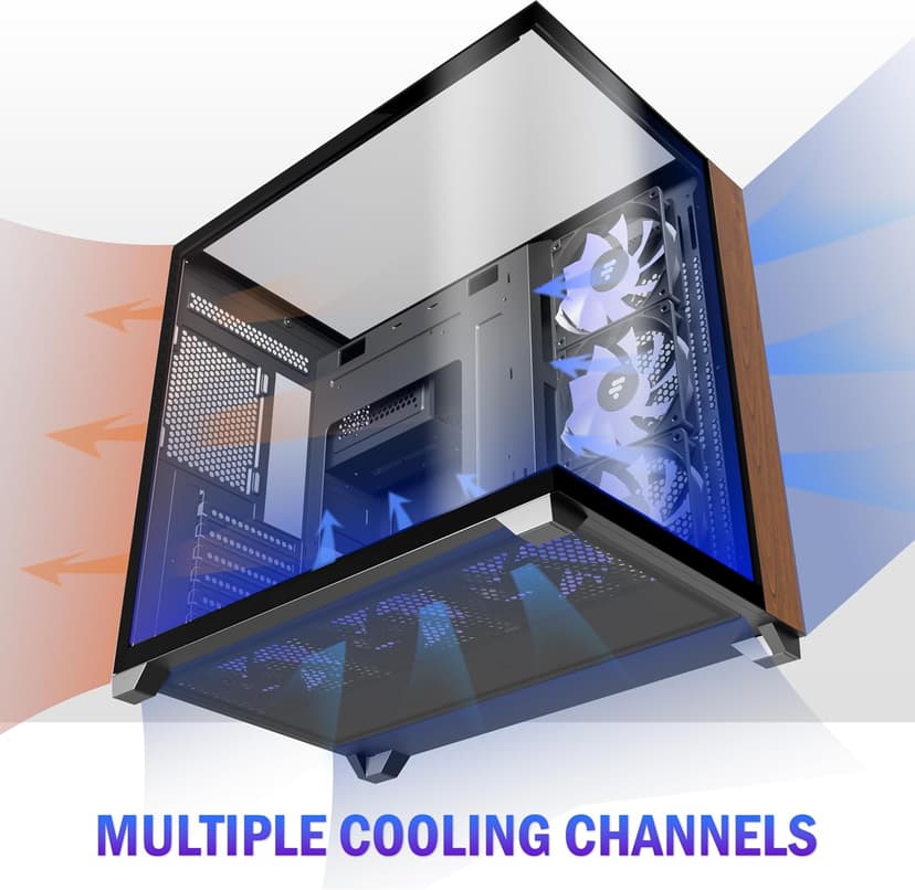KEDIERS PC CASE ATX 6 PWM ARGB Fans Pre-Installed, Mid Tower Computer Case with Full-View Tempered Glass, Type-C,Printed Walnut Wood Panels,Support 360mm Radiator,Black Gaming Case (P7)