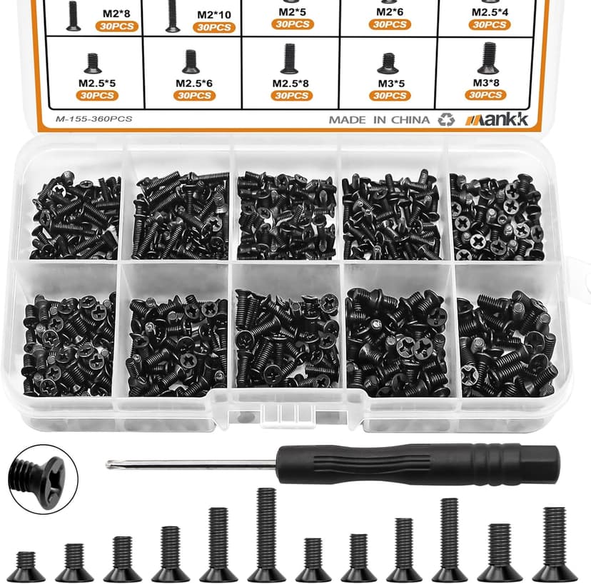 mankk 360PCS Laptop Screws 12 Sizes M2 M2.5 M3 Replacement Computer Tiny Screws Motherboard Screw with Screwdriver for Laptop PC Repair & DIY