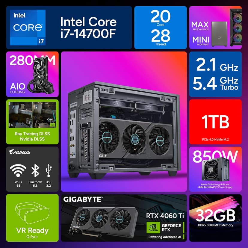 Cooler Master NR2 Pro Mini ITX – Intel i7-14700F 2.1GHz (5.4GHz Turbo) | Gigabyte RTX 4060 Ti 8GB & B760I AORUS PRO | 32GB DDR5 6000MHz | 1TB Gen4 M.2 | WiFi | Windows 11 | 280mm AIO Gaming PC