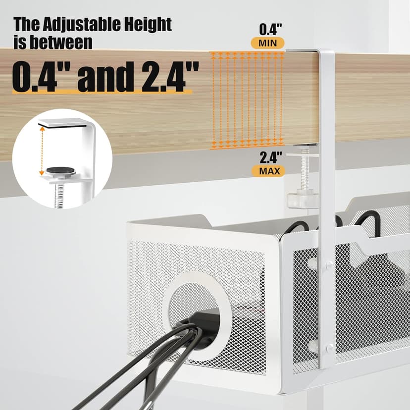 Under Desk Cable Management Tray White, Cinati Wire Organizers No Drill, Cable Tray with Clamp for Wire Management, Cord Organization Box for Office, Home - No Damage to Desk