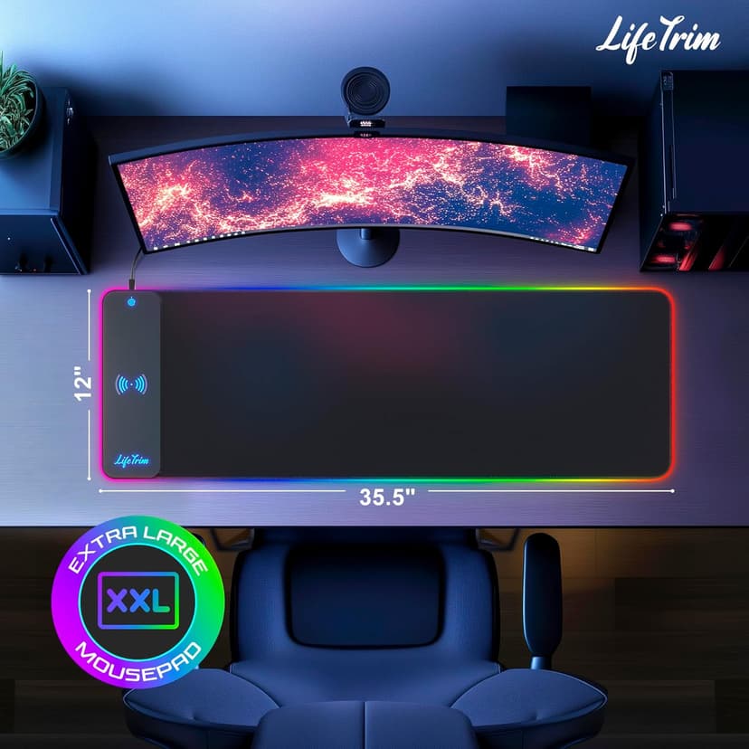 Wireless Charger LED Mousepad 35.5 x 12 Inch RGB Gaming Mouse Pad 10 Light Modes 4mm Thick Large Gaming Desk Pad Wireless Charging Cool Mouse Pad for PC Gaming Accessories & Gaming Gifts