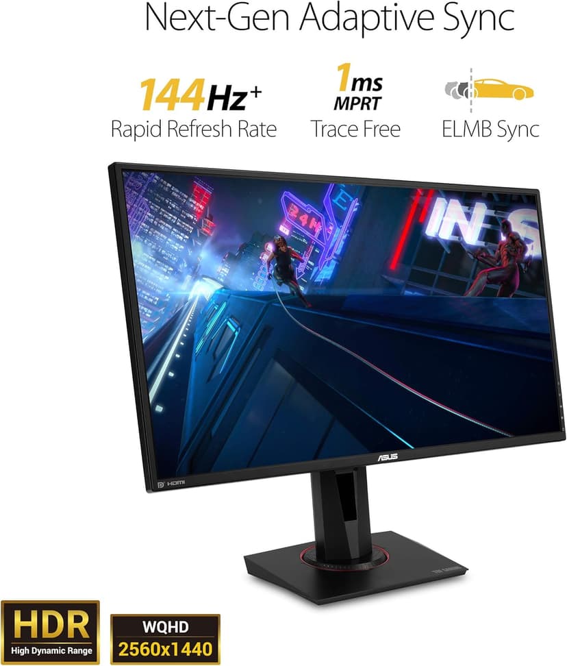 ASUS TUF Gaming 27" 2K HDR Gaming Monitor (VG27AQ) - QHD (2560 x 1440), 165Hz (Supports 144Hz), 1ms, Extreme Low Motion Blur, Speaker, G-SYNC Compatible, VESA Mountable, DisplayPort, HDMI ,Black