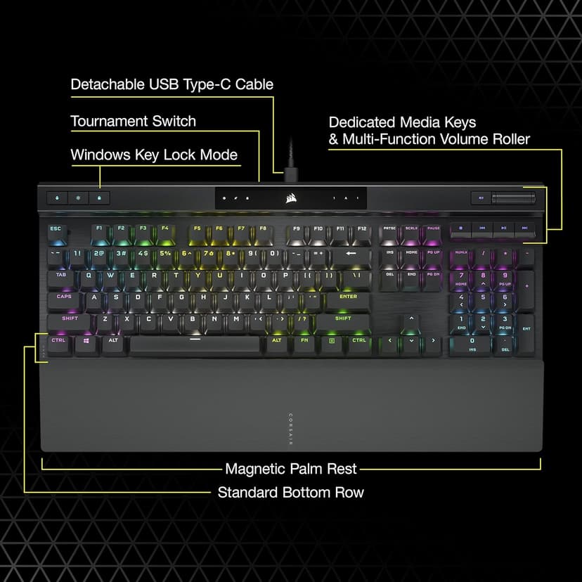 Corsair K70 RGB PRO Wired Mechanical Gaming Keyboard (Cherry MX RGB Red Switches: Linear and Fast, 8,000Hz Hyper-Polling, PBT Double-Shot PRO Keycaps, Soft-Touch Palm Rest) QWERTY, NA - Black