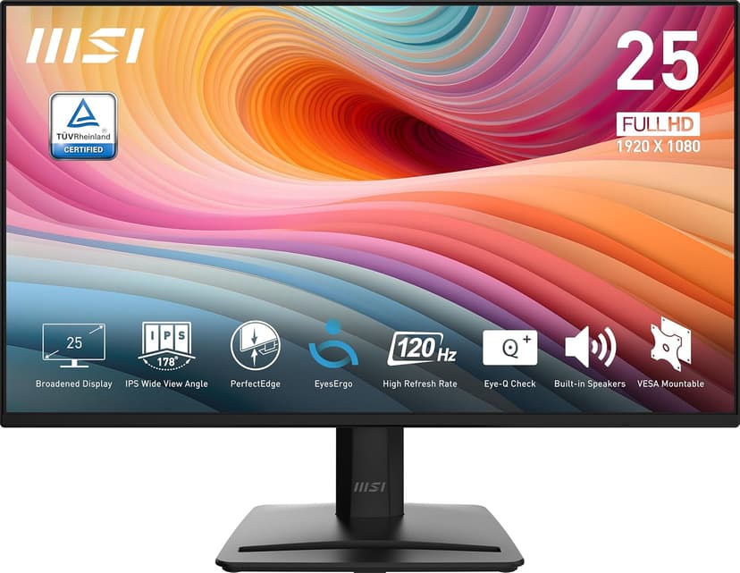 MSI PRO MP252 E2 24.5-inch IPS 1920 x 1080 (FHD) Gaming Office Monitor, 120Hz, Adaptive-Synch, HDR Ready, HDMI, VGA Port, Display Port,VESA Mountable, Tilt, Speaker, 4-Side Slim Bezel, 1ms, Black