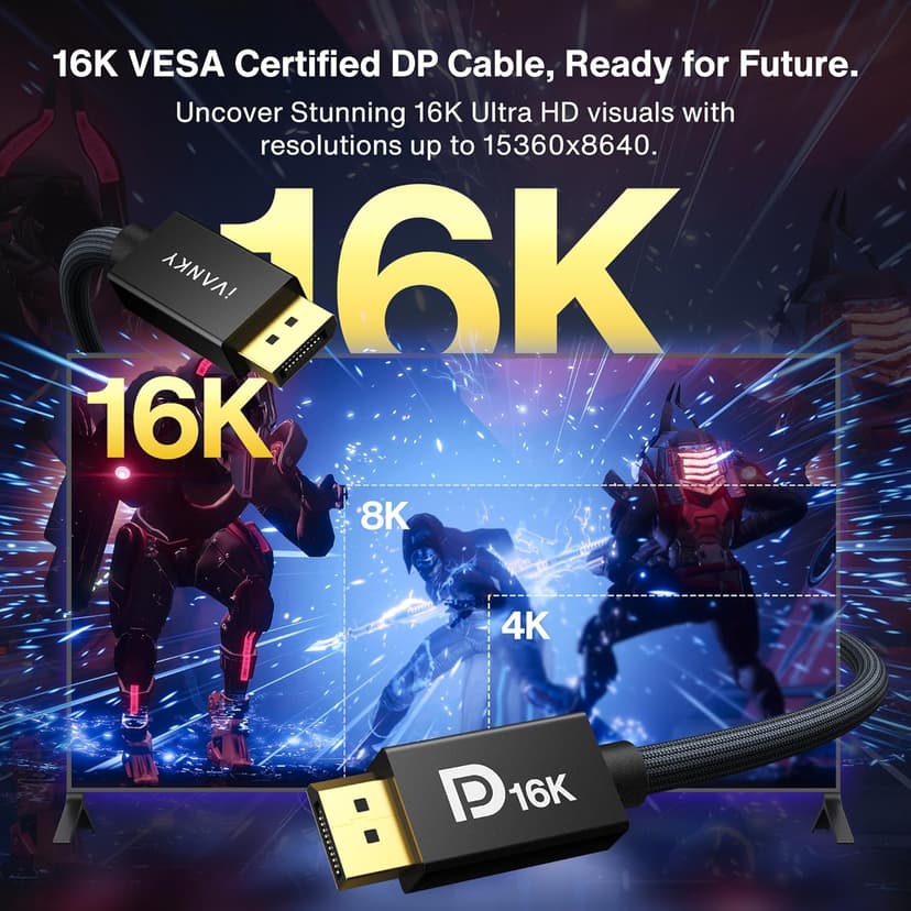 IVANKY 16K VESA Certified Displayport Cable 2.1, DP Cord [16K@60Hz,8K@120Hz,4K@240Hz], 80Gbps Display Port 2.1/2.0 Cable Support HDR10,HDCP,DSC 1.2a, Compatible Gaming Monitor, TV, Graphics(6.6ft)